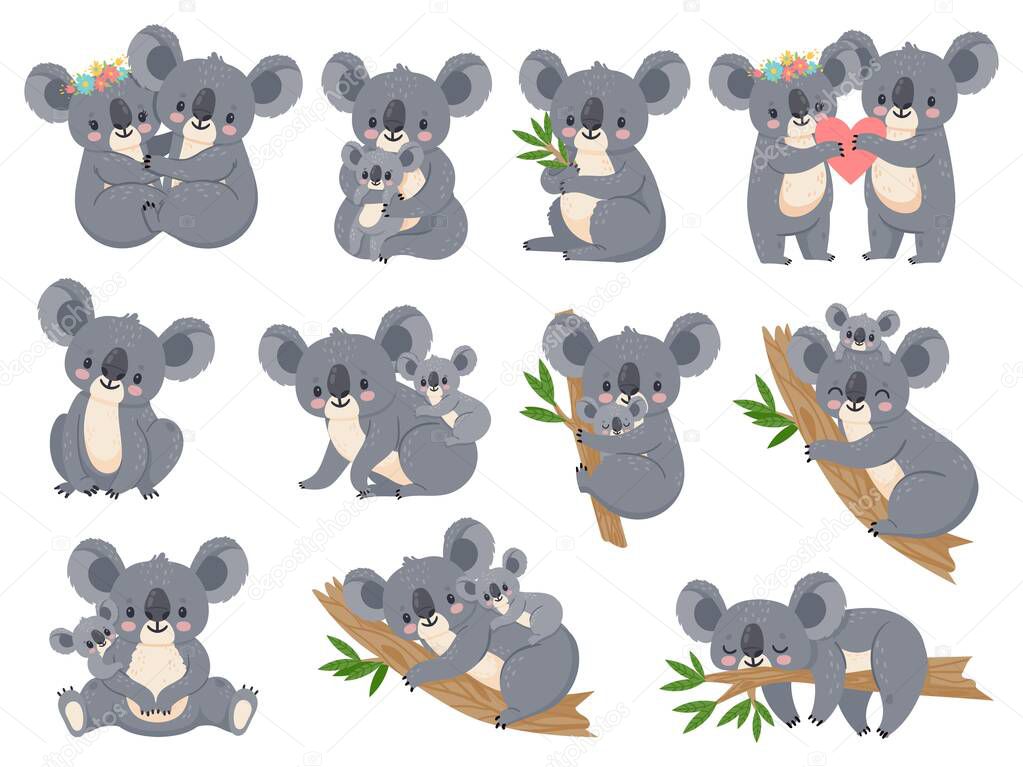 Cute koala and baby. Cartoon little koalas with moms. Australian bear loving couple hug. Baby shower party. Nature jungle animals vector set