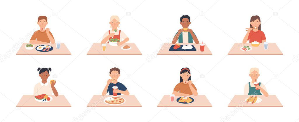 Kids eat. Happy boys, girls group eating delicious meals and drinks at table, enjoying breakfast, lunch children cartoon vector characters