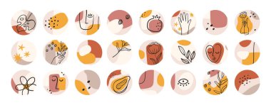 Soyut vurgulama kapakları. Çağdaş şekiller ve minimalist kadın yüzü. Blogcular için yuvarlak simgeler sosyal medya hikayeleri, vektör seti