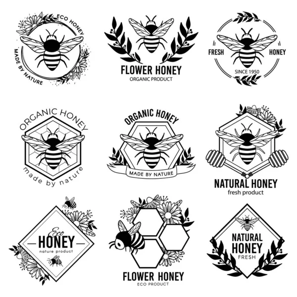 Etiquetas de mel. Emblemas de produtos ecológicos de apicultura, apicultura adesivos de própolis orgânica natural. Flor néctar ad tags vetor isolado conjunto — Vetor de Stock