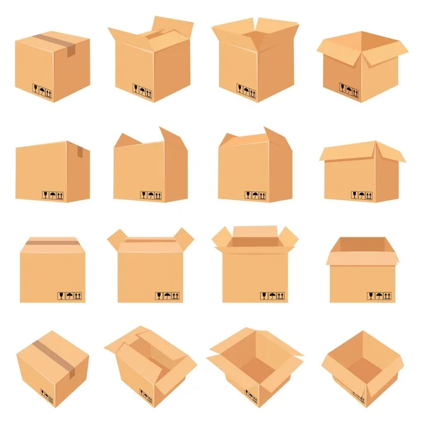 Caja de cartón abierta y cerrada. Paquete de entrega en vista lateral, frontal y superior. Proceso de embalaje. Cajas de cartón con frágiles signos vector conjunto — Vector de stock