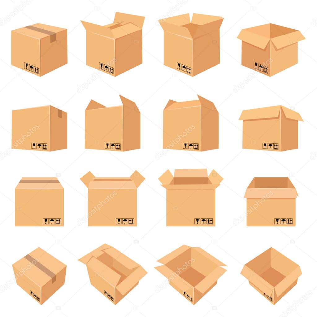 Open and closed cardboard box. Delivery package in side, front and top view. Packaging process. Carton boxes with fragile signs vector set