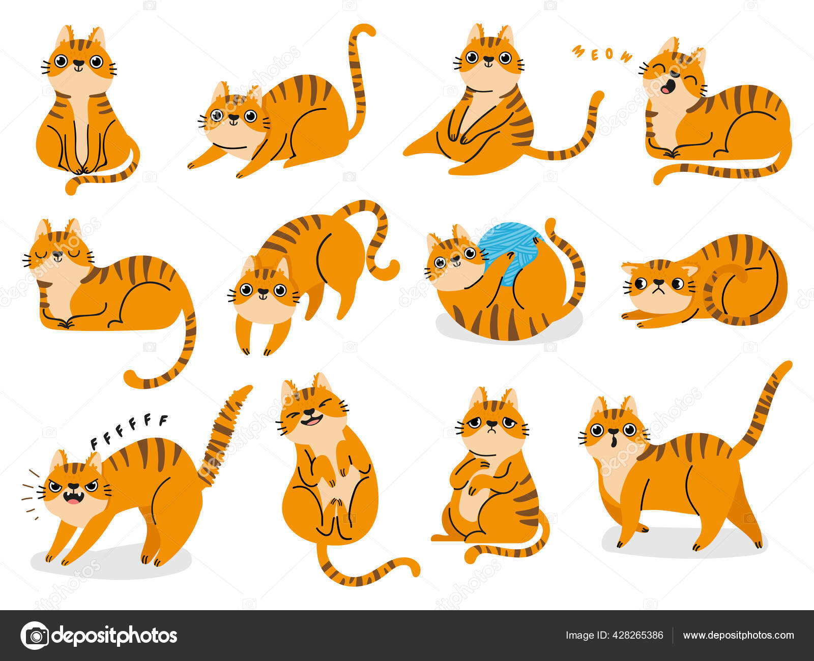 Cute Cats Pets or Kittens Playing or Posing Vector Flat Icons