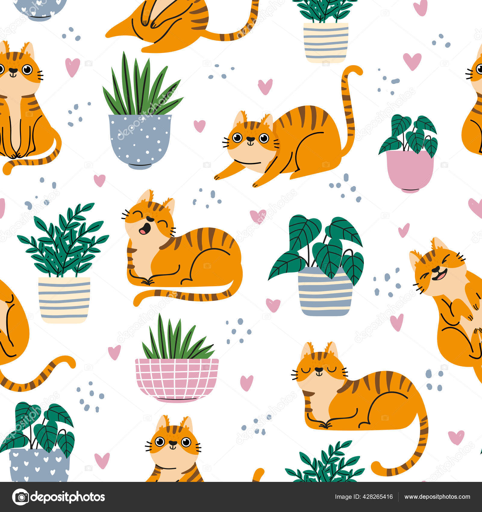 Padrão sem emenda de gato. Gatos vermelhos e plantas em vasos papel de  parede repetido em estilo escandinavo. Desenhos animados engraçados  gatinhos imprimir, fundo vetorial Vetor de ©tartila.stock.gmail.com  428265416, image size:1600x1700