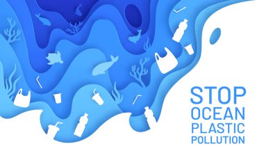 Okyanus kirliliği kağıt sanatı. Plastik atık, şişe ve kaplumbağa dolu bir poster. Kağıt kesiği çevre vektörü kavramını kaydet