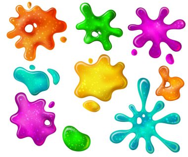 Parlak yapışkan sıçrama. Pembe ve mavi sümüklü. Gerçekçi 3D parlak yeşil yapışkan damlalar ve lekeler. Çocuklar sümük damlatan vektör kümesi