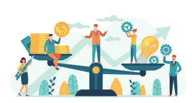 Para ve fikir dengesi. Yatırımcı iş fikirlerini ve finansmanı ölçekler üzerinde karşılaştırır. Yaratıcı proje ya da başlangıç, küçük insan vektör kavramı satın alınıyor