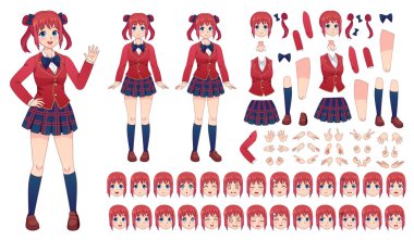 Anime kız karakter kiti. Japon tarzı karikatür kız üniforması. Kawaii manga öğrencisi pozlar, yüzler, duygular ve el vektörü seti