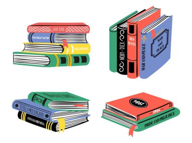 En çok satan kitaplar yığını. El çizimi klasik edebiyat kitapları. Kütüphane veya kitapçı için popüler kitap tasarımı. Doodle eğitim vektörü belirlendi