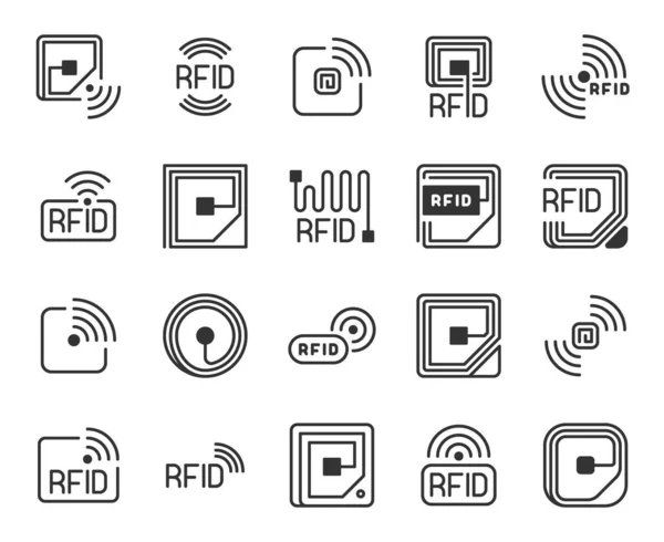 Rfid ikonok. Rádiófrekvenciás azonosító címke, címke, chip és antennavonal logó. Vezeték nélküli nyomkövető és vezérlő rendszer, vektorszimbólumok — Stock Vector