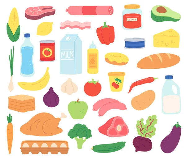 Voedingsproducten. Natuurlijk vlees, zuivel, biologische groenten en fruit, desserts en brood. Supermarkt goederen in pakket en kan, vlakke vector set — Stockvector