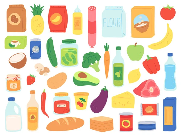 Belanjaan makanan. Toko produk dalam tas dan botol. Cemilan supermarket, pasta dan tomat bisa, susu dan sereal. Vektor barang grosir ditata - Stok Vektor