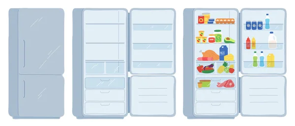 Abre el refrigerador. Cerrado, vacío y lleno de refrigerador de alimentos. Estantes frescos con carne, lácteos, bebidas y latas. Conjunto de vectores congelador cocina de dibujos animados — Vector de stock