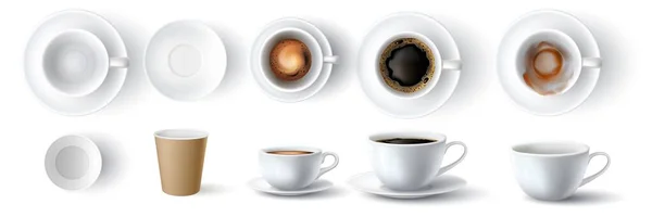 Кофейные чашки. Трехмерный пустой, грязный, керамический и бумажный стаканчик. Американо с пеной и эспрессо сверху и сбоку. Набор векторных векторов для кофе — стоковый вектор