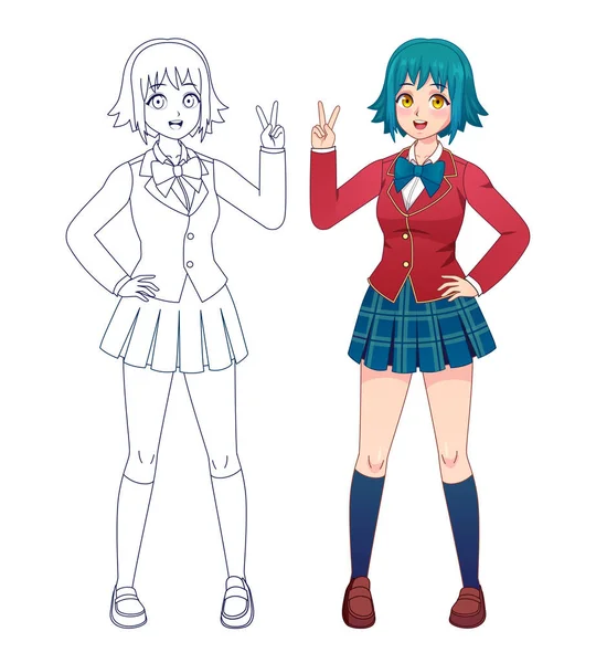 Chica anime manga. Japonés cómics niñas lindas de la escuela en uniforme para colorear página del libro. Dibujos animados carácter cuerpo completo vector contorno para niños — Archivo Imágenes Vectoriales