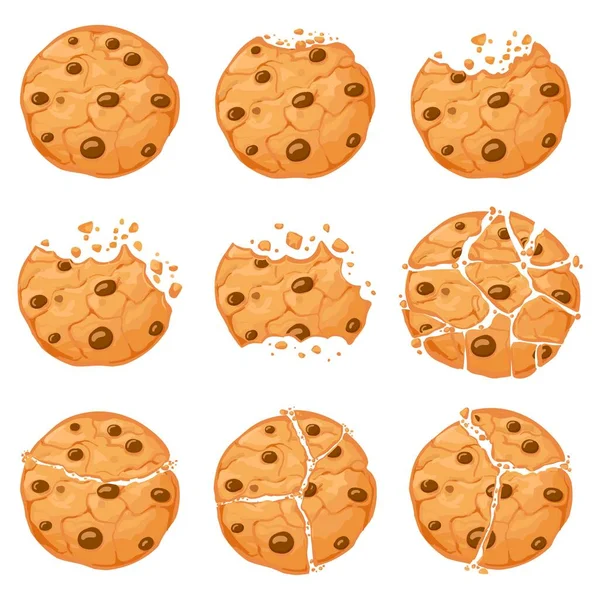Gebrochene Haferflockenkekse. Cartoon gebissener Choco Chip Cookie mit Krumen. Hausgemachte Crunch Cookies in Schokoladenform. Vektor-Set für süße Snacks — Stockvektor