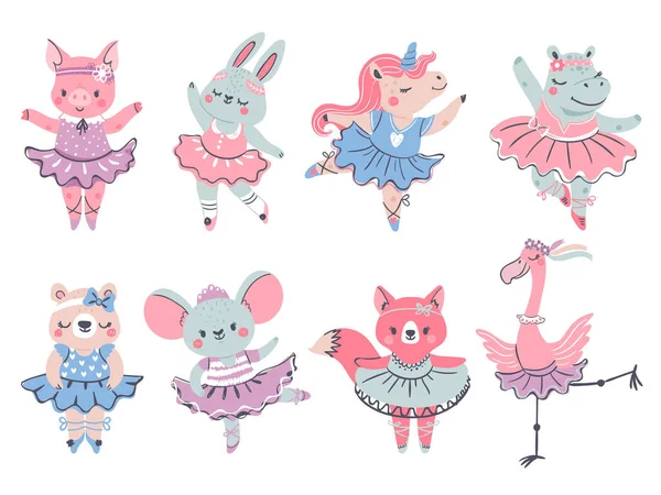 Animales de ballet. Bailarina de conejo, zorro y unicornio al estilo escandinavo. Baile de cerdo, oso, hipopótamo y flamenco en tutú. Chica vector de moda conjunto — Vector de stock