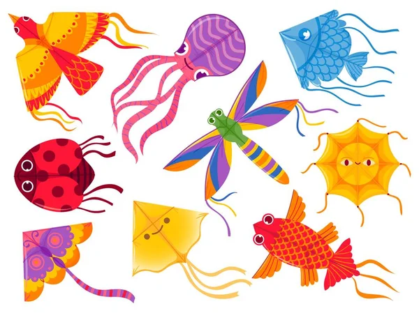 Kite designs. Desenhos animados voando brinquedo infantil em forma de joaninha, borboleta, peixe e pássaro no céu. Conjunto vetor indiano de makar sankranti festival de pipas —  Vetores de Stock