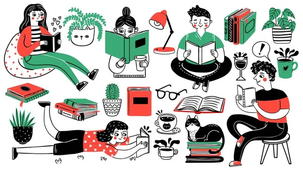 Libri e lettori. La gente felice legge e studia. Libro mucchi, piante d'appartamento, gatto, tè e caffè tazza. Disegnato a mano cartone animato hobby set decorativo — Vettoriale Stock