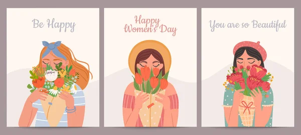 花束を持つ女性。幸せな国際女性の日、バレンタインや母の日。美少女と春の花束ベクトルカードセット — ストックベクタ