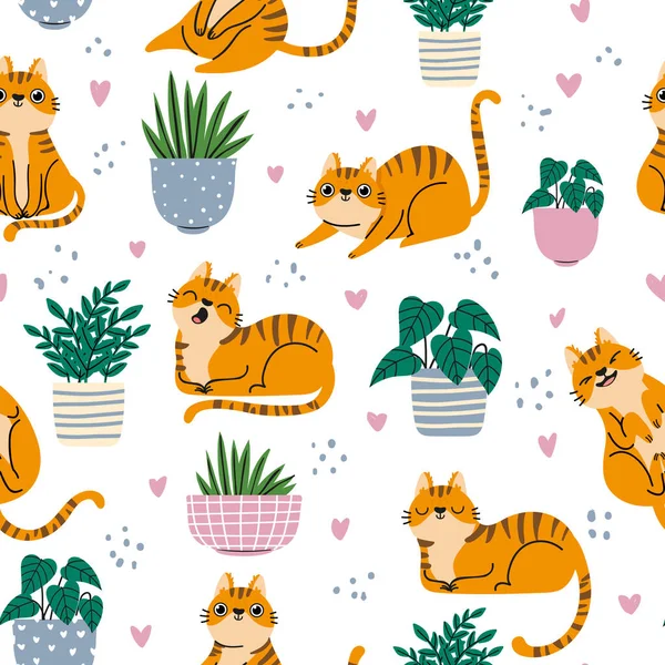Kusursuz bir desen. Saksıdaki kırmızı kediler ve bitkiler İskandinav tarzında tekrarlanan duvar kağıtları. Çizgi film komik kedi yavruları baskısı, vektör arkaplan — Stok Vektör