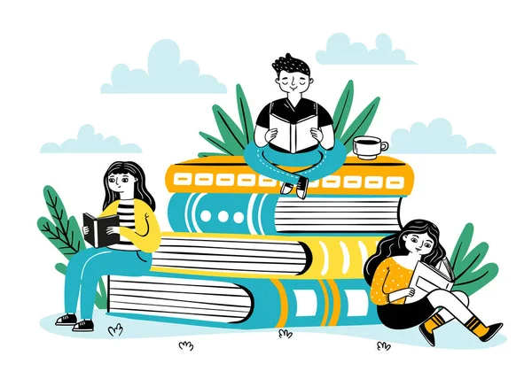 Lesen auf Bücherstapeln. Glückliche Schüler sitzen auf großen Bücherstapeln, lesen und lernen. Bücherfest-Plakat für Buchhandlung, Bibliotheksvektorkonzept — Stockvektor