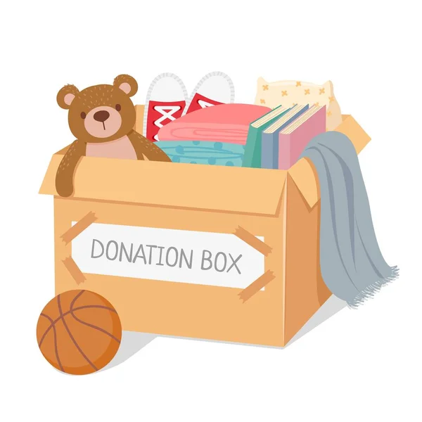 Donation box. Charity for poor kids and homeless people. Box filled with toys, books and clothes. Social care and generosity vector concept — Stock Vector
