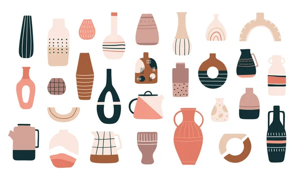 Vas Skandinavia. Kendi keramik, pot dan poci teh dengan gaya trendi minimalis. Pitcher dekoratif, cangkir keramik antik dan set vektor vas - Stok Vektor