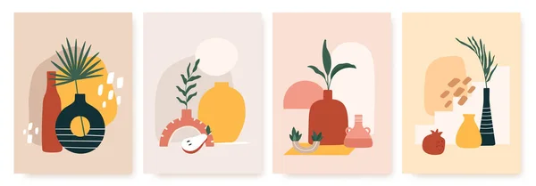 Affiches abstraites avec vases. Collage nature morte tendance avec pot, fruits, vase et feuille de palmier tropicale. Ensemble vectoriel de forme minimaliste dessiné à la main — Image vectorielle