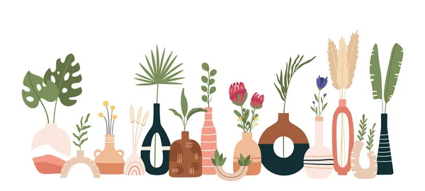 Affiche vase en céramique. Art abstrait scandinave avec vases, pots et cruches. Bannière de cuisine en poterie faite main. Impression vectorielle plate moderne minimale — Image vectorielle