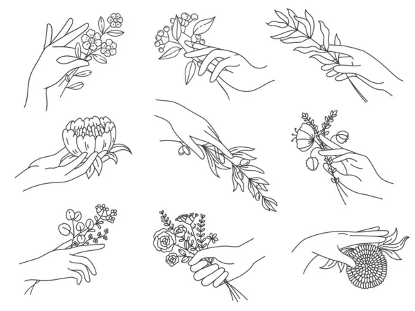 Mains tenant des fleurs. Décrivez la main féminine avec des bouquets, une branche d'olivier, une pivoine, une fleur de prairie pour des tatouages boho minimes. Spa ensemble vecteur floral — Image vectorielle