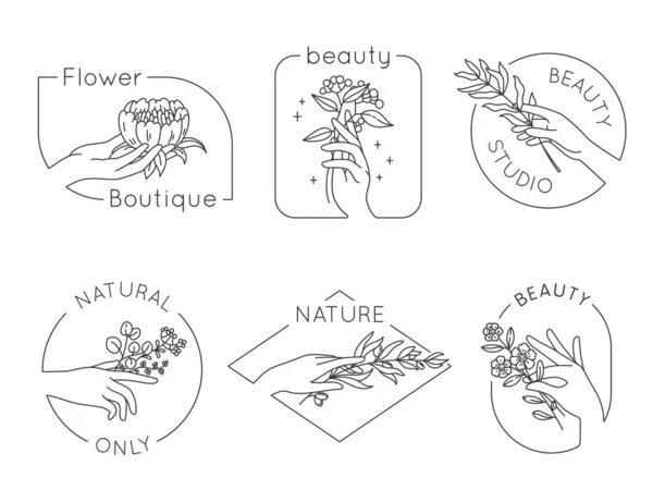 Linea mano e fiore loghi. Salone di bellezza floreale, spa e cosmetici logo con le mani della donna. Emblemi per prodotti naturali fatti a mano, set vettoriale — Vettoriale Stock