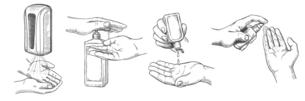 Sketch manos desinfectantes. Mano limpia persona con gel de alcohol, desinfectante de pared, spray y antiséptico en botella. Prevención covid-19 vector conjunto — Archivo Imágenes Vectoriales