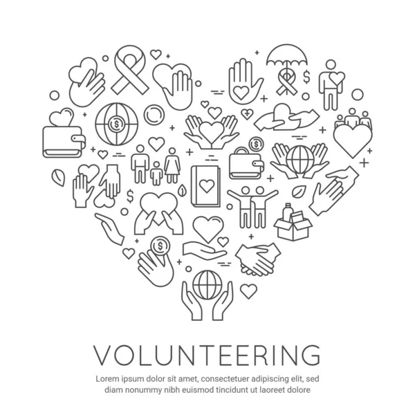 Volunteer line poster. Charity and donation banner, heart shaped icons. Social care voluntary work. Activity helping people, vector concept — Stock Vector