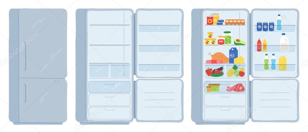 Open refrigerator. Closed, empty and full of food fridge. Cool shelves with meat, dairy, drinks and cans. Cartoon kitchen freezer vector set