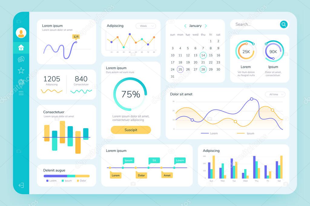 Dashboard UI. Simple data software, chart and HUD diagrams, admin panels. Modern financial application interface template vector infographic