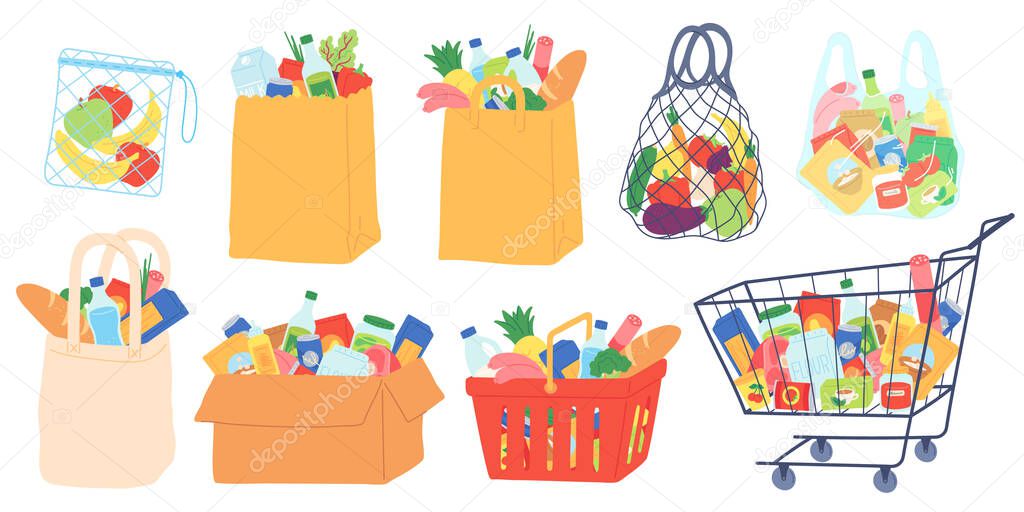 Grocery bags and carts. Shopping basket, paper and plastic packages, eco bag with organic food. Supermarket goods and groceries vector set