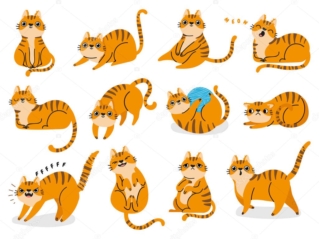 Cat poses. Cartoon red fat striped cats emotions and behavior. Animal pet kitten playful, sleeping and scared. Cat body language vector set