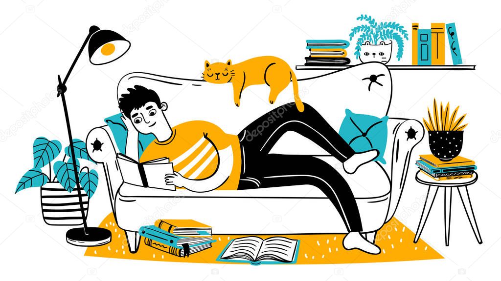 Man reading book on couch. Relaxed adult reads on sofa with cat at home. Hand drawn reader enjoying hobby. Leisure lifestyle vector concept