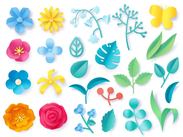 Paper cut plant leaves. Realistic 3d origami twigs, flowers, branches and grass. Spring and summer pastel blossom. Floral craft vector set — Vector de stock