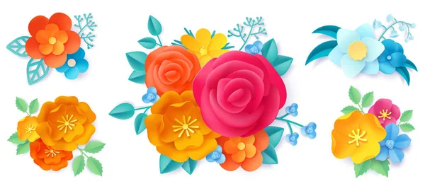 Букети паперового мистецтва. Орігамі троянди, дикі квіти і листя красивий весільний букет. 3D-прикраса природи. Весняний квітковий концепт Векторний набір — стоковий вектор