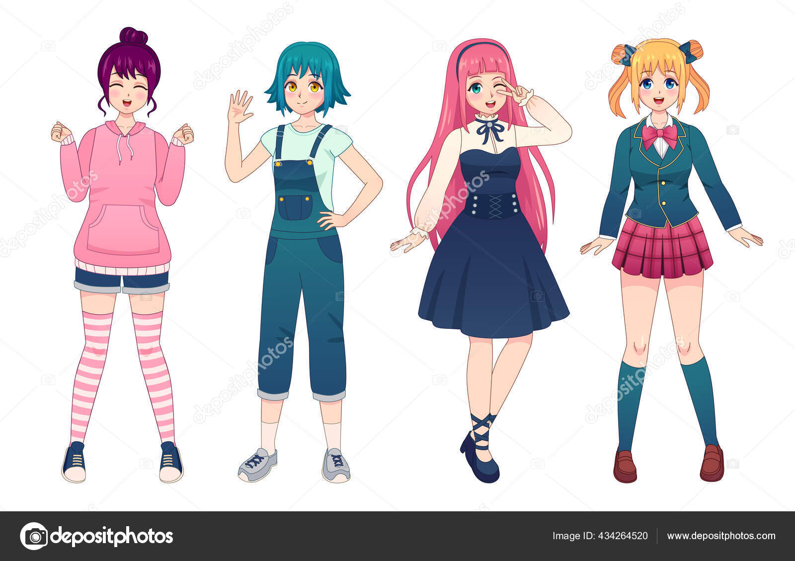 Meninas de anime. mangá estilo japonês ou coreano belas jovens mulheres em  uniforme escolar, saia curta e roupas de cosplay, kawaii asiáticos  adolescentes em pé vetor personagens femininos em quadrinhos conjunto de
