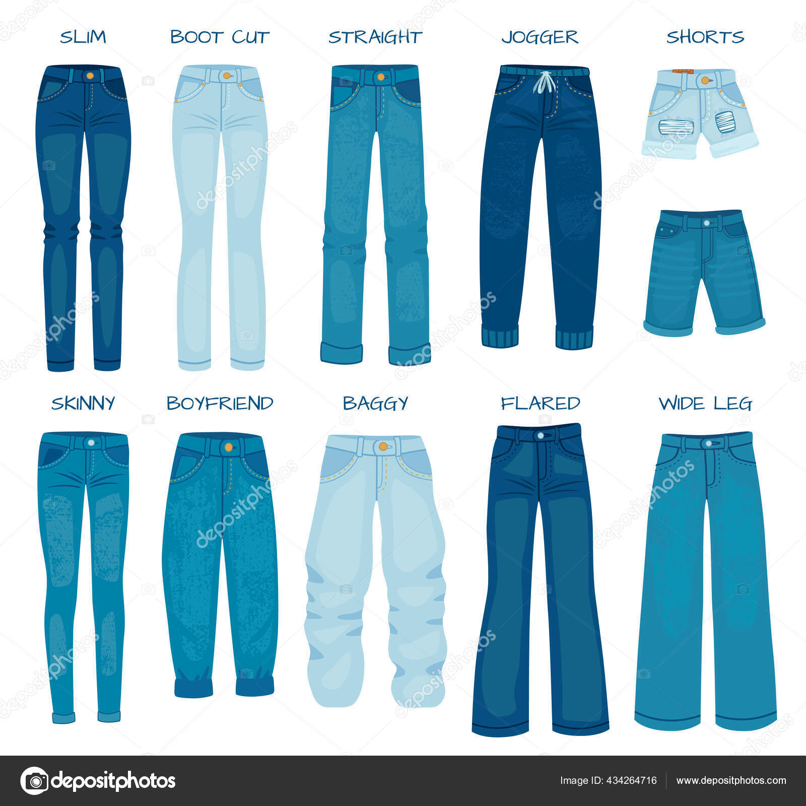 Women jeans fits. Denim female pants models skinny, straight, slim