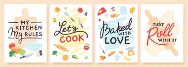 Cooking poster. Kitchen prints with utensils, ingredient and inspirational quote. Baked with love. Food preparation lesson banner vector set clipart