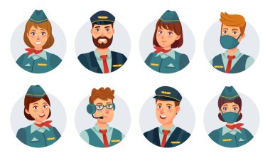 Hava ekibi avatarları. Uçak pilotu, gemi kaptanı, hostes, uçuş mühendisi ve yuvarlak ikon. Maske vektörü ayarlı havaalanı personeli