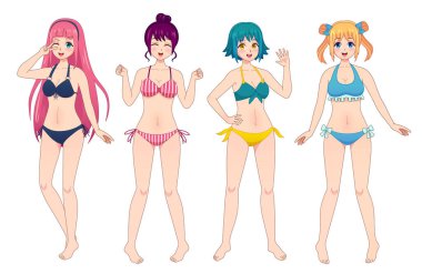 Anime manga kızları bikinili. Bir grup kawai kadın mayolu Japon komedyen. Kumsaldaki kadın göz kırpıyor, el sallıyor ve gülümsüyor.