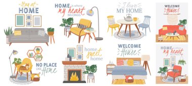 Açık saçık iç mekanlar. Rahat oturma odası ve yatak odası Hygge stili koltuk, bitkiler ve kediyle. Modern ev vektörü posteri
