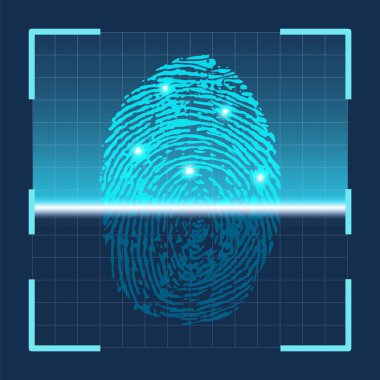 Parmak izi taraması. Parmak tarama biyometrik kimlik teknolojisi. Kimlik güvenlik sistemi sensörü. Başparmak tarayıcı vektör kavramı