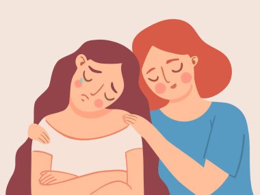 .Şefkatli arkadaş. Kadın üzgün kızı teselli ediyor. Kadın empati konuşmaları ve arkadaş desteği. Depresyon, stres veya endişe terapisi vektör kavramına yardımcı olur