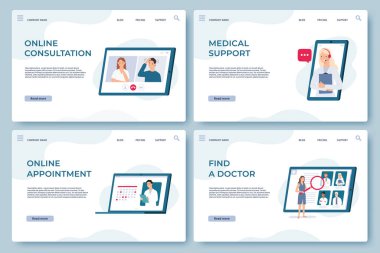 Tıbbi danışmanlık iniş sayfaları. Çevrimiçi doktor desteği, sağlık hizmetleri, uzman bul ve randevu al. Tıp vektörü web sayfası